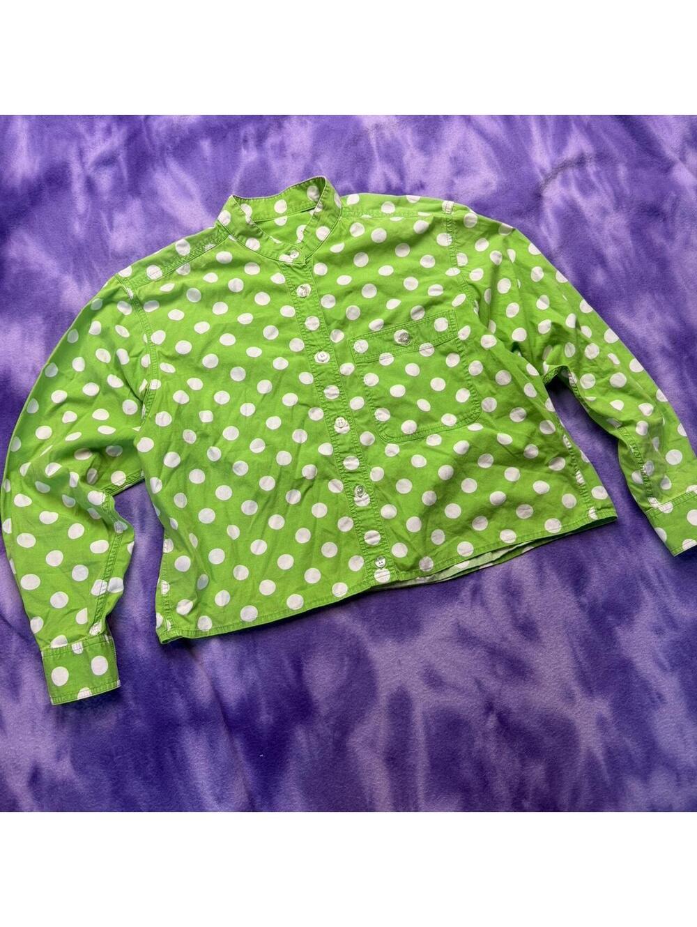 Vtg 80s Lime green and white polka dot blouse boxy fit